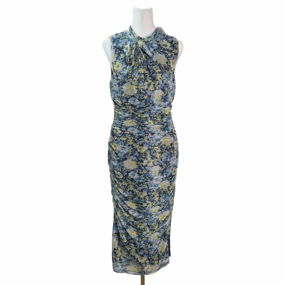 New Black Halo Garden Glitz Ruched Floral Mesh Midi Dress Tie Neck Size 12
